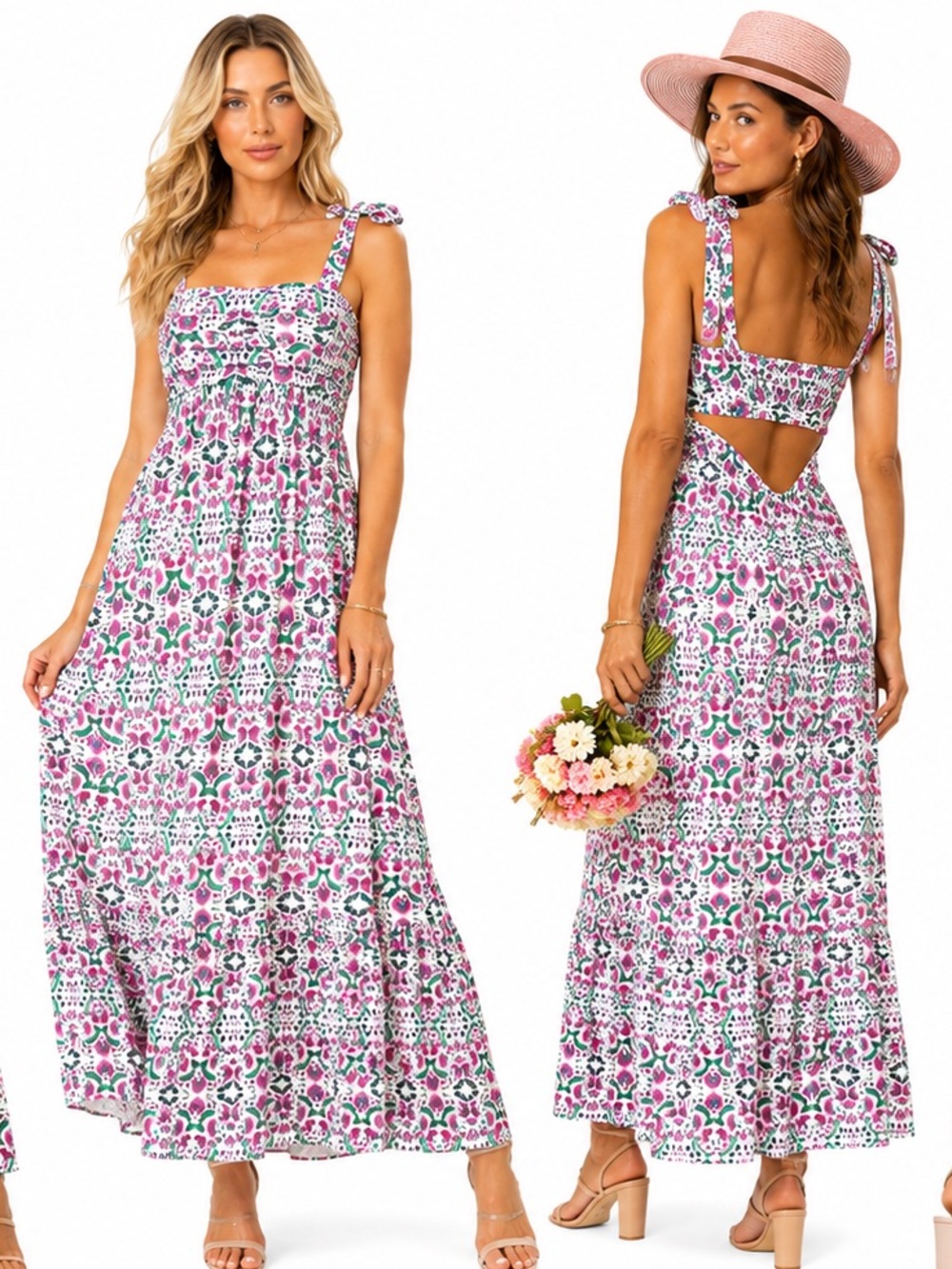 🆕 MISA Serafina Pink Green Floral Maxi Dress Open Back Cotton Sundress M NWT